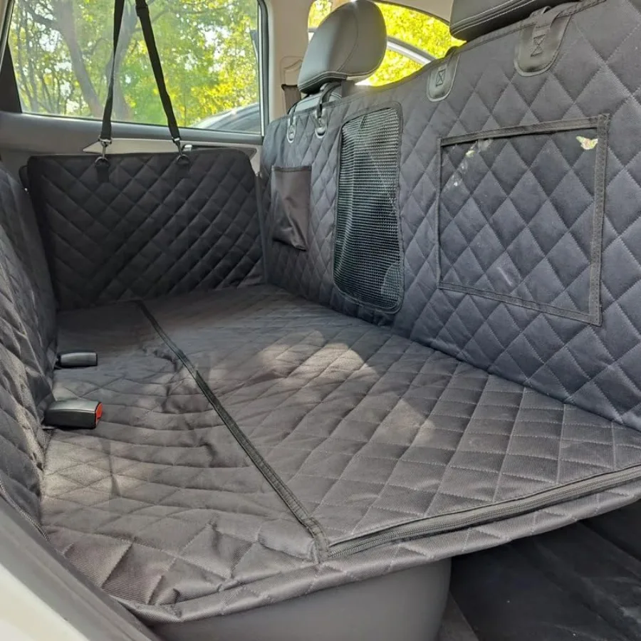 

Car Back Seat Extender for Pet Adjustable Nylon Mesh with Non-Slip Base in Black for Secure Travel and Comfort