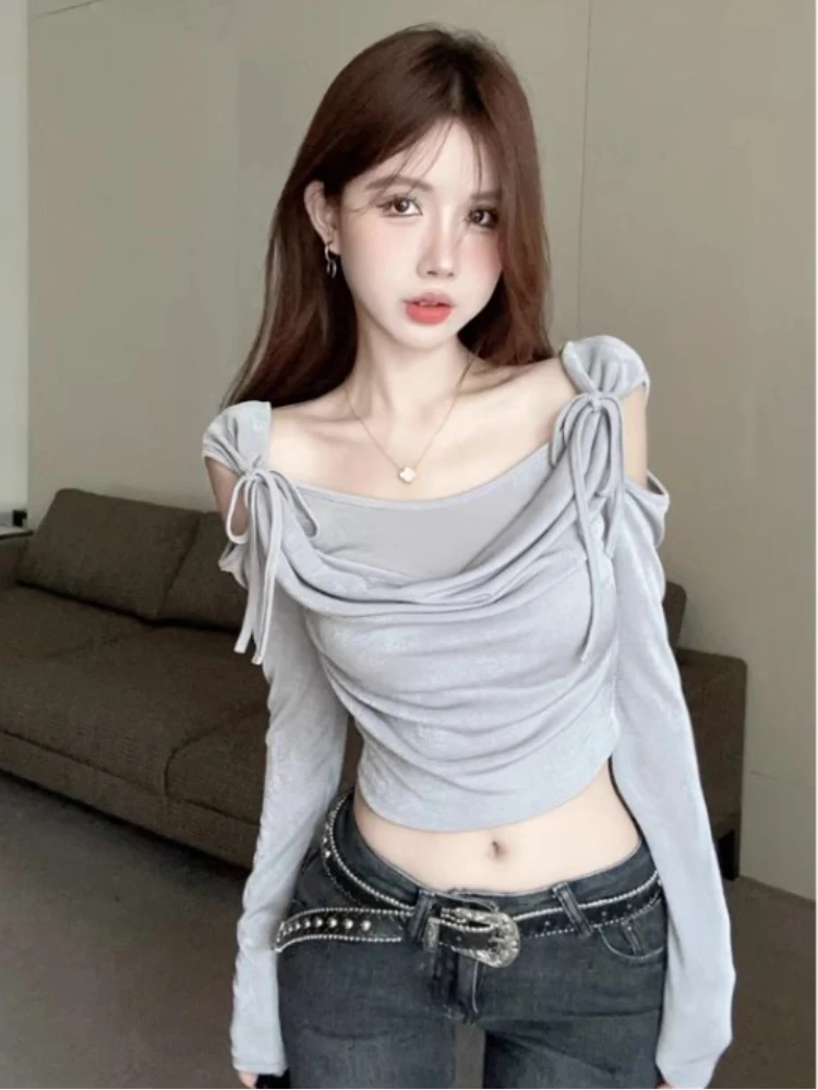 Y2k Aesthetic Long Sleeve Hollow Out Women T-shirts Chic Sexy Pleated Bow Crop Top Vintage Streetwear Fashion Tee Shirts Femme