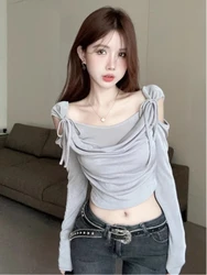 Y2k Aesthetic Long Sleeve Hollow Out Women T-shirts Chic Sexy Pleated Bow Crop Top Vintage Streetwear Fashion Tee Shirts Femme