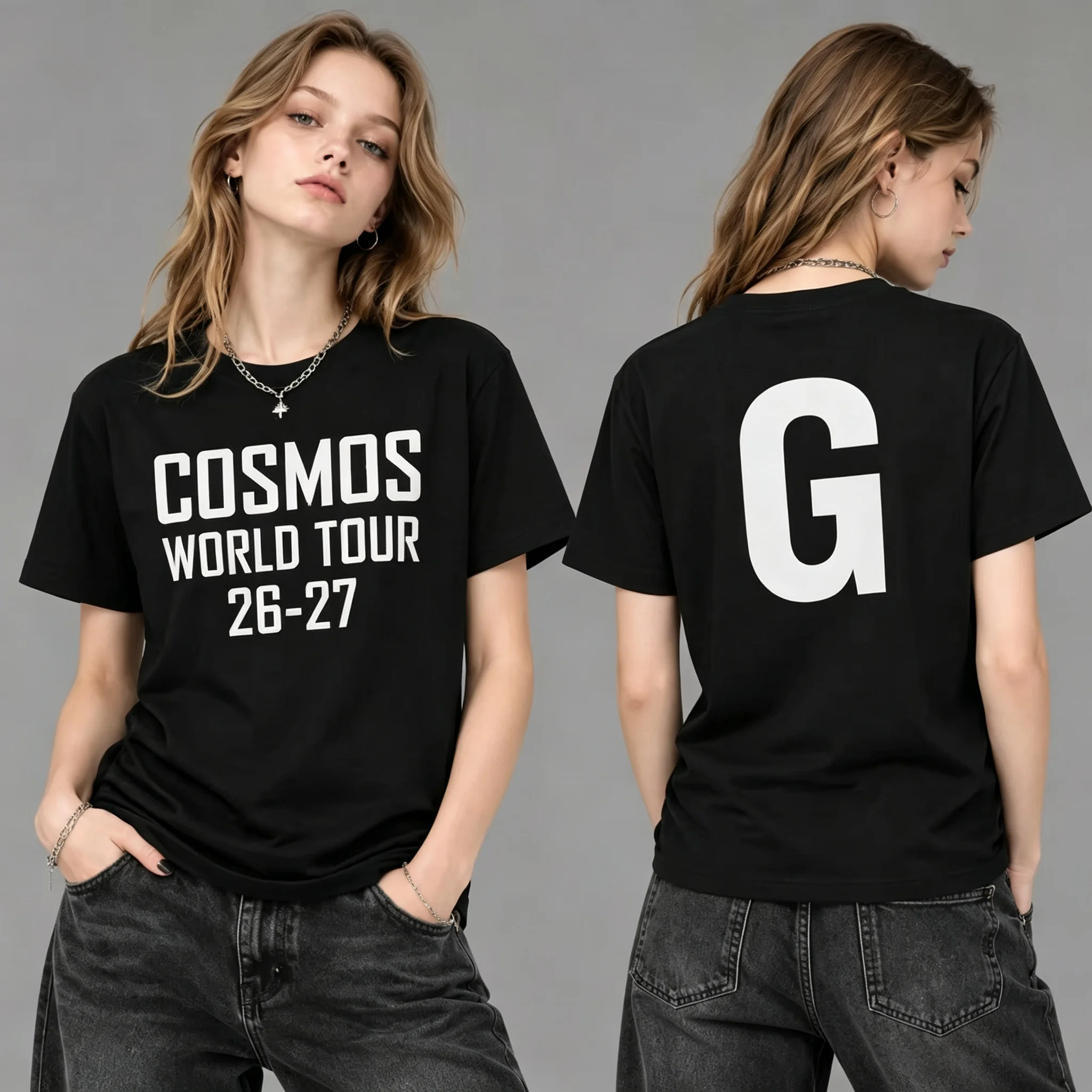 COSMOS WORLD TOUR 26-27 T Shirt Men Women Double Sided Print Letter G Graphic Tee Kpop Concert Fan Oversized Short Sleeve Tops