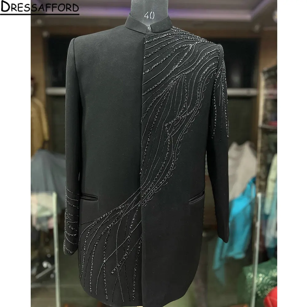 Schwarze handgemachte Perlen Männer Anzüge Bräutigam Hochzeit Smoking 2 Stück Sets Abendessen Prom Blazer Terno Masculino Completo