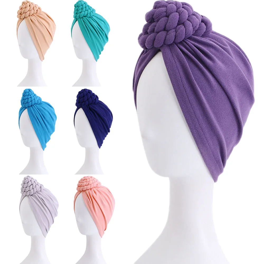 Indian Braids Turban Women Twist Knot Beanie Chemo Cap Hijab Headwrap Cover Hat Bonnet Solid Color Headscarf Hair Accessories