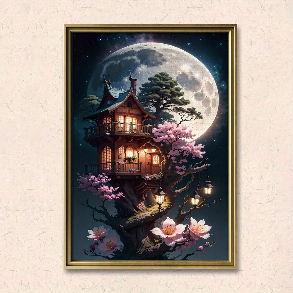 1000 قطعة من ألغاز معبد السماء الليلية اليابانية وأزهار الكرز - مستوى متقدم مقاوم للخدش مع فوانيس متوهجة وم