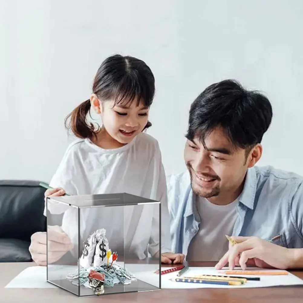

1pc Transparent Piggy Bank Acrylic Cube Kids Saving Pot Desktop Coin Container Daily Use Home Accessories Storage Supply