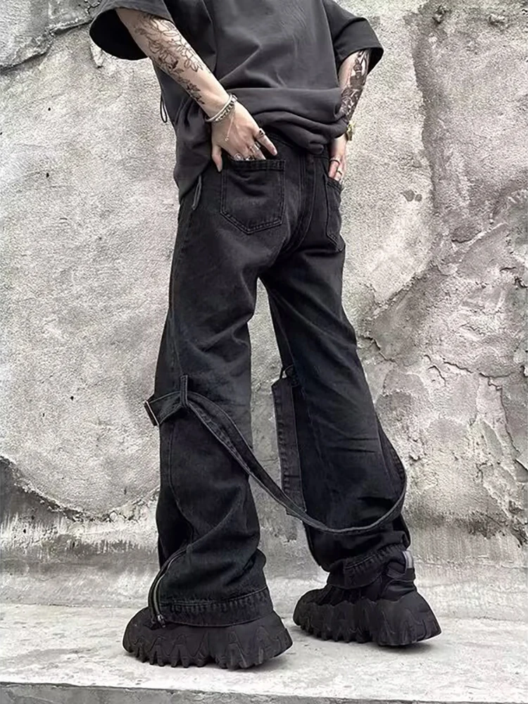 REDDACHIC Zip-up Wide Denim Cargo Pants Men High Rise Pockets Stitch Belted Black Straight Baggy Jeans Retro Hiphop Streetwear