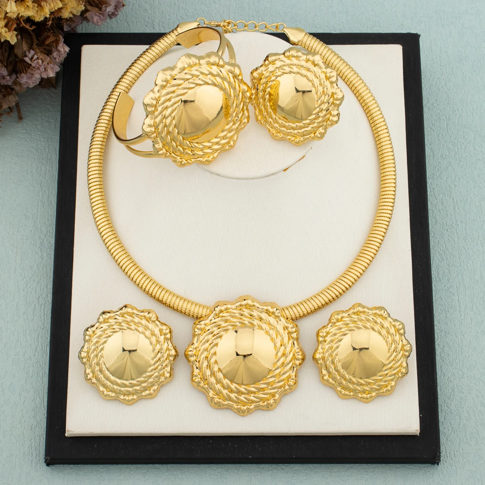 

Luxury Big Earrings Necklace Set for Women Wedding Bride Dubai Gold Plated Jewelry Set Hoop Elegant Bangle Ring Ethiopia Gifts