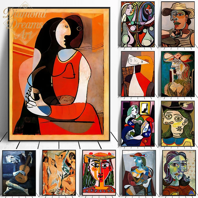 Pintura de Diamantes DIY sin Marco, Colección de Arte Famoso de Pablo Picasso, Mural Abstracto Retro para Decoración del Hogar, Sala de Estar, Galería