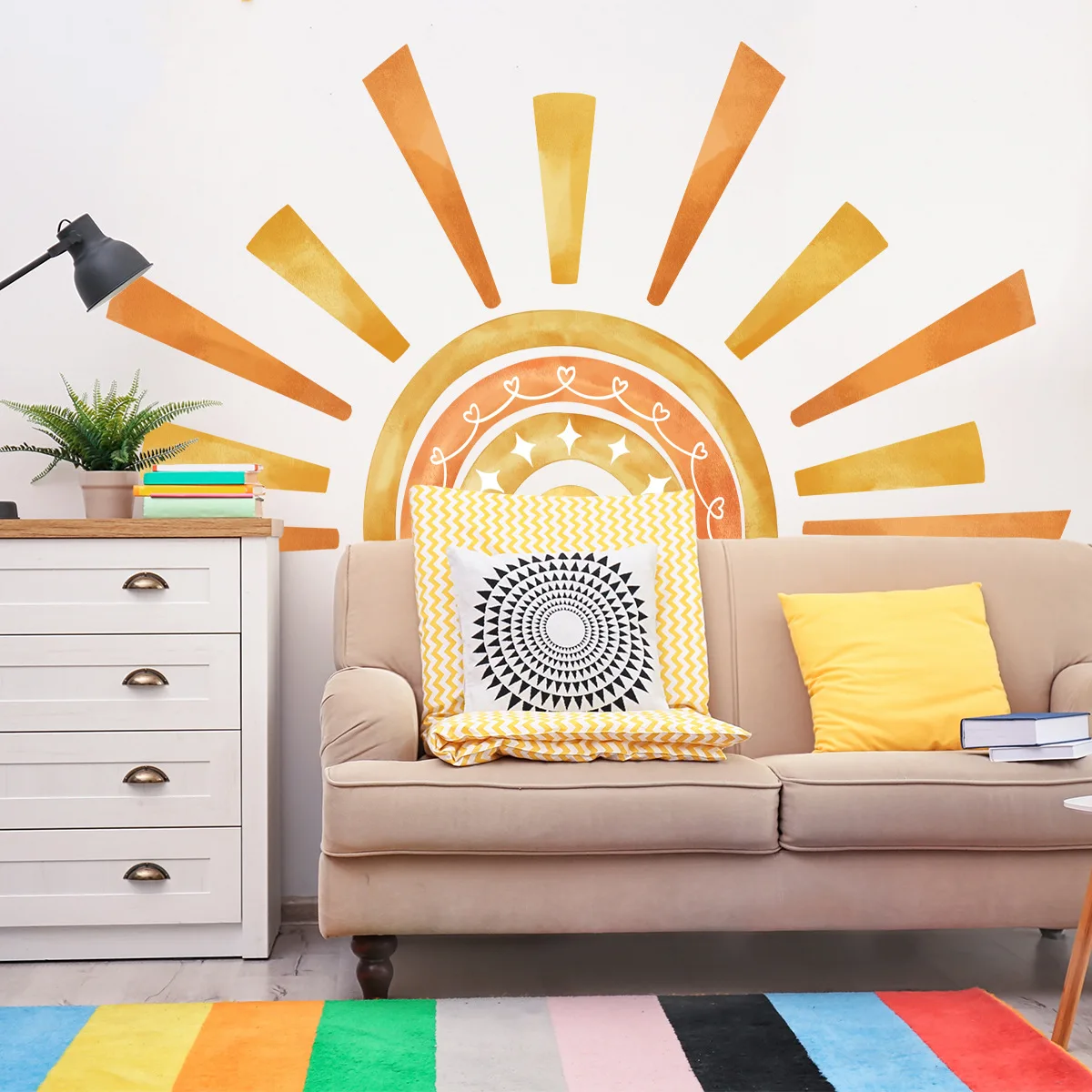 Simples Ins Color Block Sun Rainbow Love Wall Sticker, Sala, Quarto, Decoração, Papel de Parede, Bm2061, 3Pcs