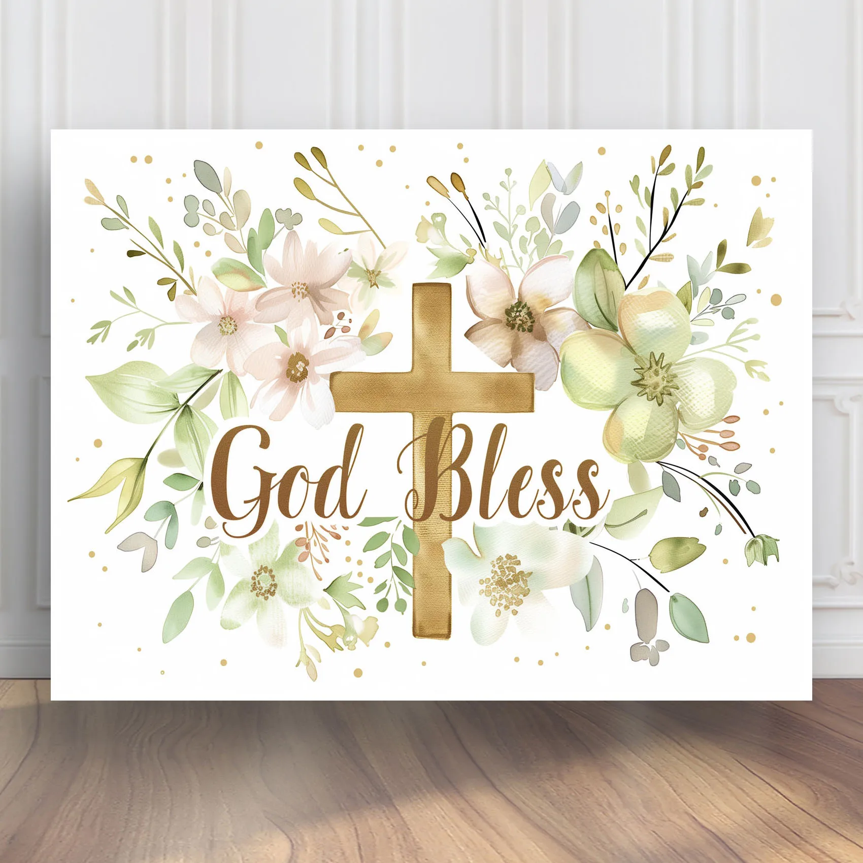 God Bless Baby Shower Party Backdrop Olive Branches and Cross Background,Econ Vinyl,Props