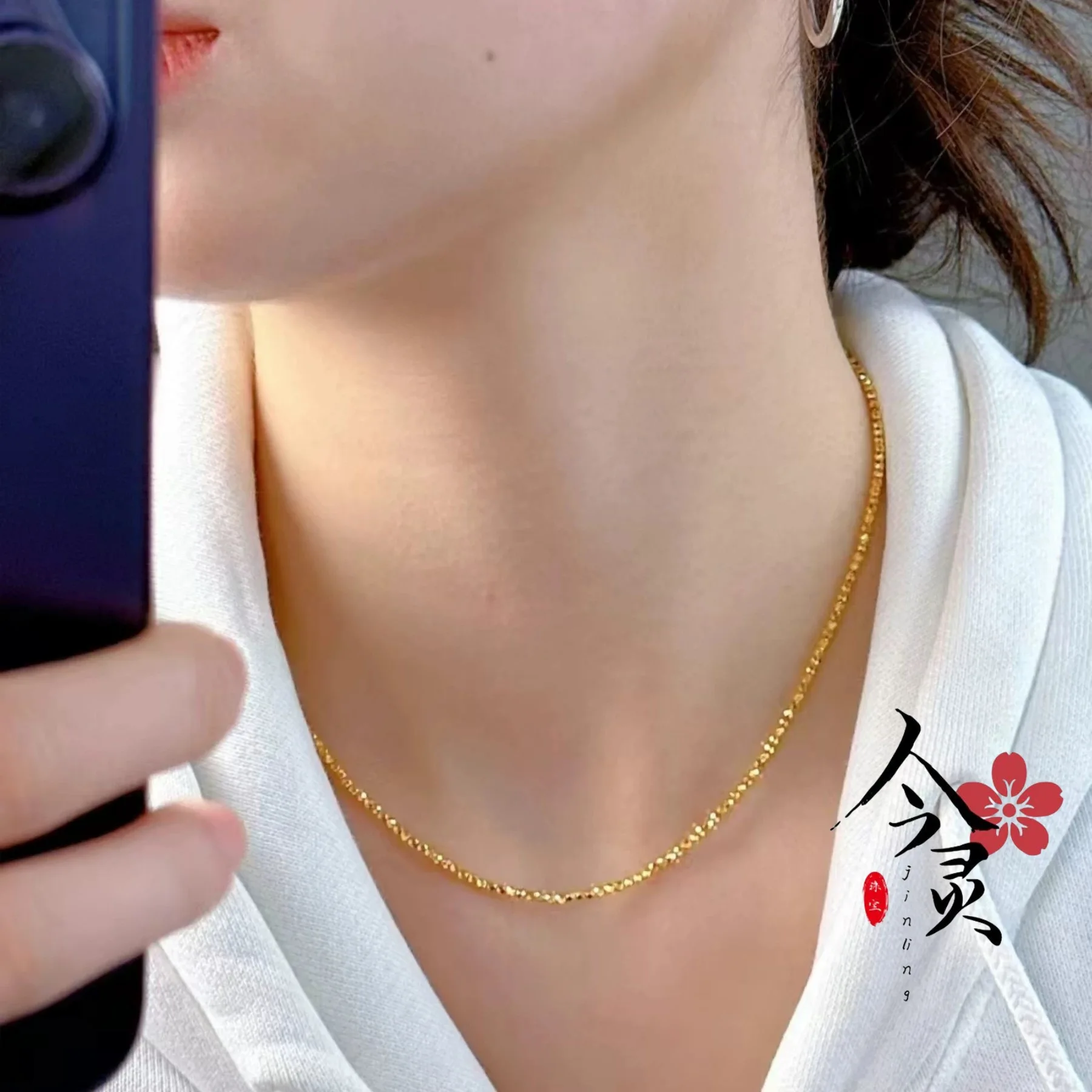 Luxury 24K 9999 Pure Gold real gold Women's Shattered Gold Necklace Collarbone Chain Bracelet - Image 6