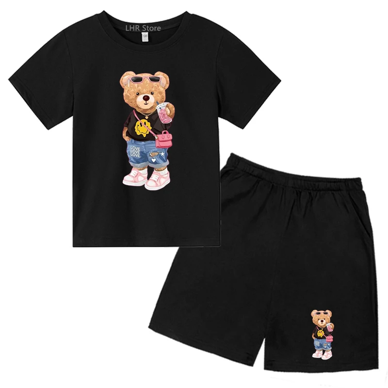 

Summer Cartoon Bear Children Clothes Toddle Tops +shorts Set's T-shirts 2-12 Years Boys Girl Casual Printing Short Sleeve