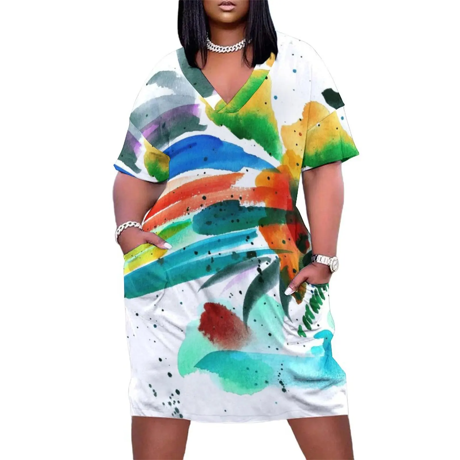 

Colorful Abstract Splash IN Watercolor Painting Loose Pocket Dress clothes for women women"s luxury party dress