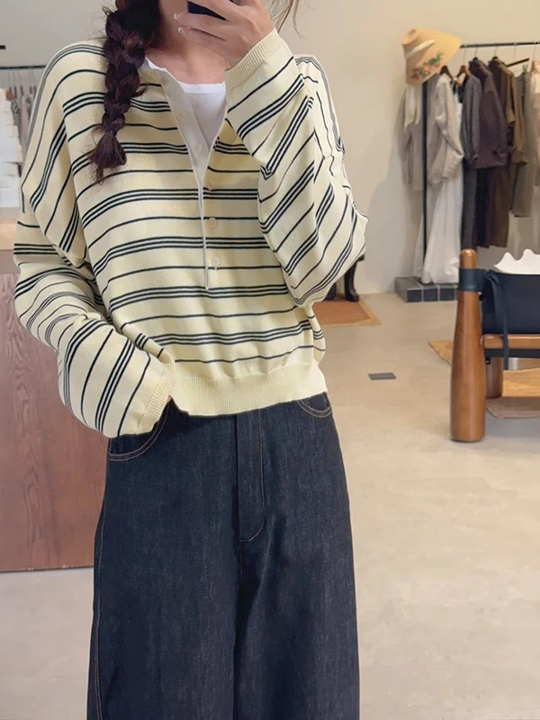 

Casual Stripe Knitted Shirt round Neck Pullover Cotton Long Sleeve Autumn Winter Women's Fashion Commute Style Loose Fit