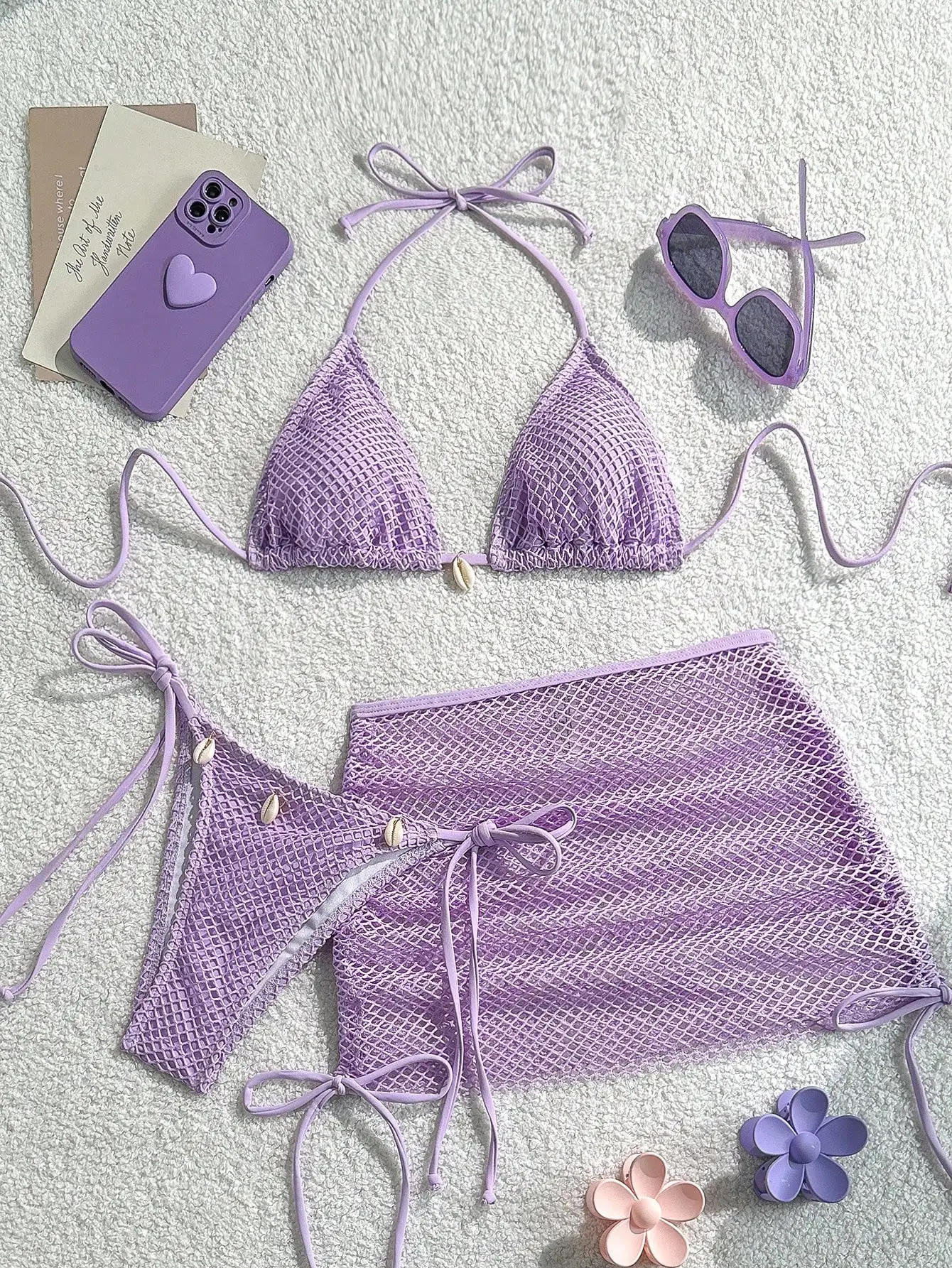 

Purple Mesh 3 Piece Beach Swimwear Set For Women With Cowrie Shells