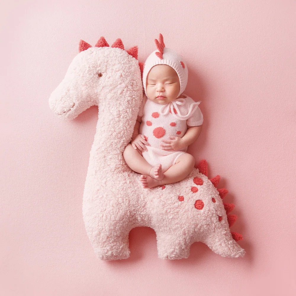 

Newborn Dinosaur Outfit Cute Pink Knitted Baby Bodysuit and Hat Set Photography Clothes Dinosaur Doll Studio Posing Photo Props