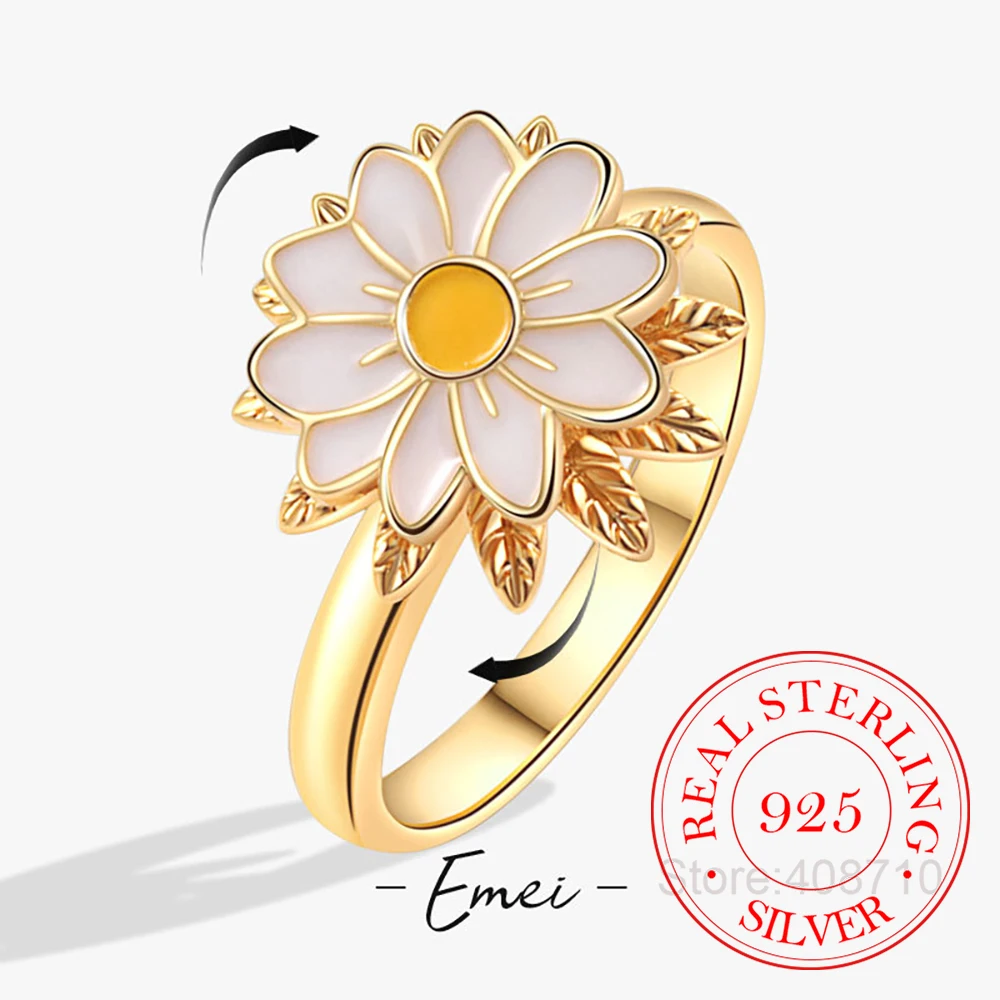 

100% 925 Sterling Silver Gold Plated Rotate Sunflowers Spinning Finger Rings For Women Wedding Engagement Party Charm Jewelry