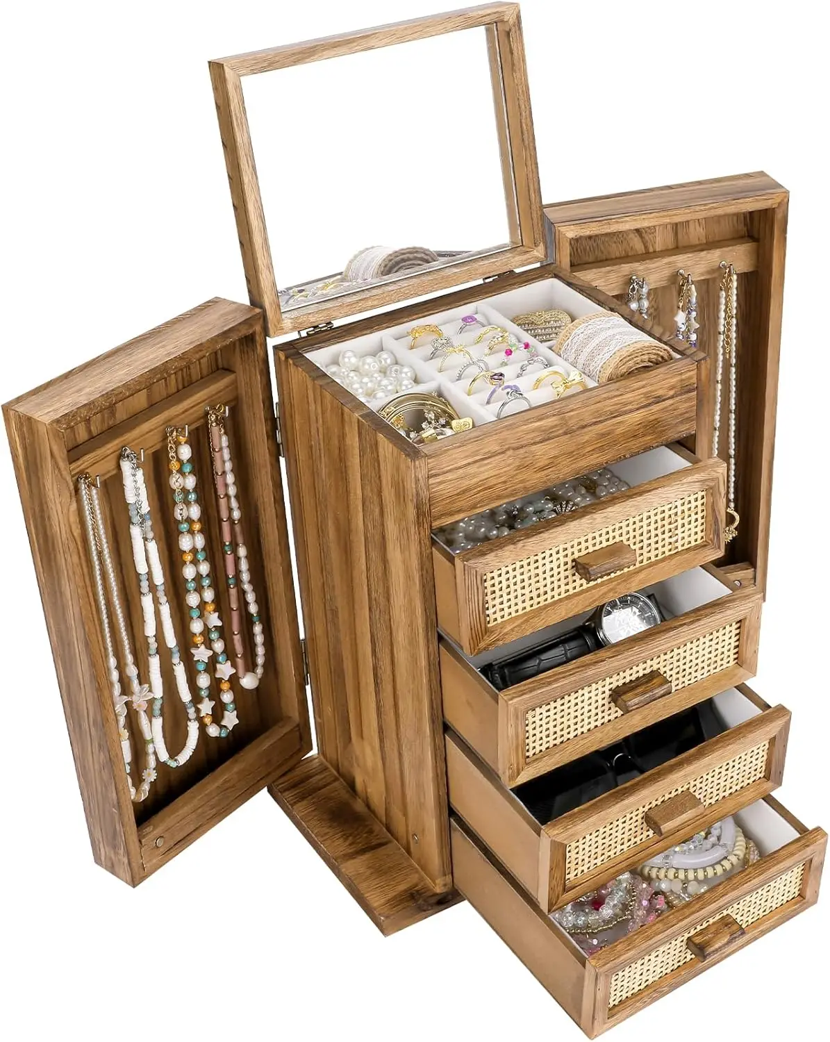 5-Layer Rattan Jewelry Box with Mirror & 4 Drawers, Wooden Organizer for Rings Earrings Necklaces Bracelets