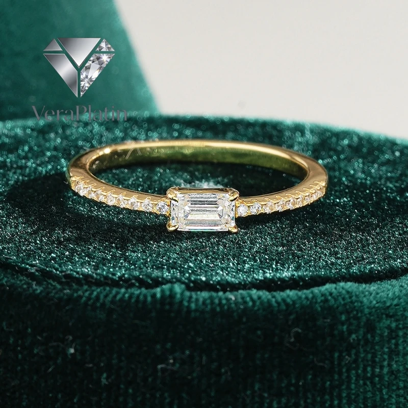 

VeraPlatin Girl Friend Valentine's Day 18K Gold Daughter Birthday Gift Rings 0.5CT Rectangle Moissanite Diamond Women Wedding Ba