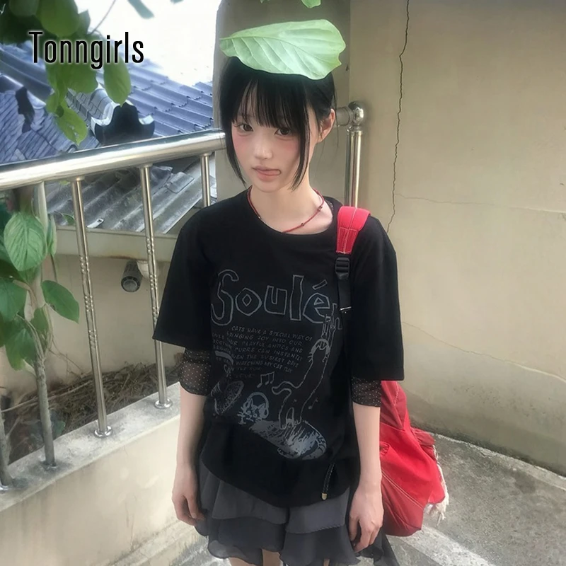 

Tonngirls Harajuku Print T Shirt Women Short Sleeve Casual Loose Tee Tops Japanese 2000s Y2k Vintage Tops American Retro Tshirts