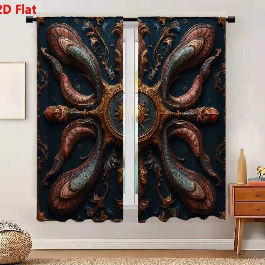 2Pcs Curtains 2D Flat Ornate Symmetrical Decorative Design Inspired By Baroque Rococo Art Central Golden Sunburst Floral Motif W