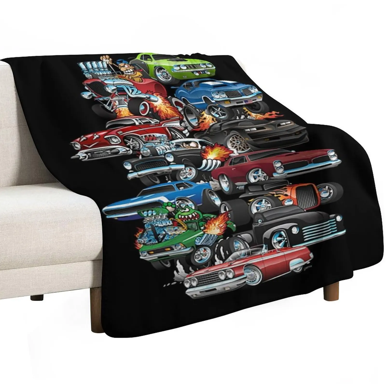 Car Madness! Muscle Cars and Hot Rods Cartoon Throw Blanket Travel Decorative Sofas Decorative Beds Heavy Stuffeds Blankets