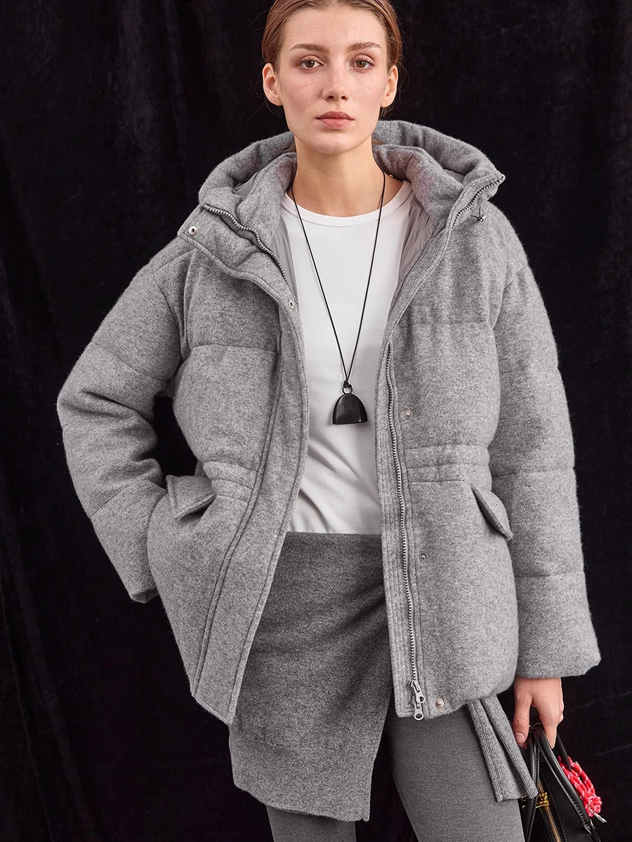 سترة صوفية بغطاء للرأس وخصر للتنحيف وجيب كبير من أوزة أسفل معطف طويل للنساء