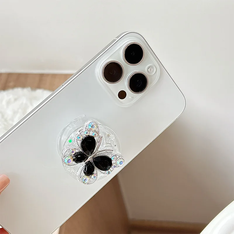 럭셔리 크리스탈 나비 에어백 폰 홀더 그립톡 아이폰 및 삼성용 접이식 손가락 포켓 소켓 스탠드