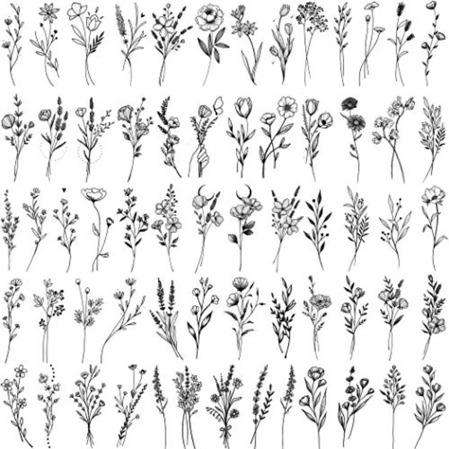 

5 Seets xy Ti Branc Black Flower Temporary Tattoos Women Girl Neck Realistic Floral Bouquet Small Tattoo Temporary Lavender Fa