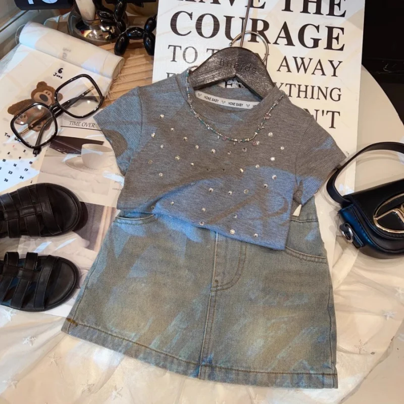 

Girls' Summer Outfit Set New Korean Style Fashionable Sequin Short SleeveTT-shirt for girls, versatile denim skirt, trendy