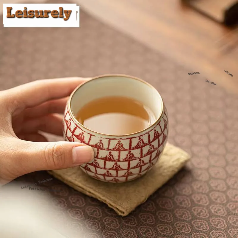 120ml Ru Kiln Thousand Buddhas Tea Cup Zen Ceramic Master Cup Small Tasting Mug Aesthetic Teacup Meditation Cup Teaware Craft