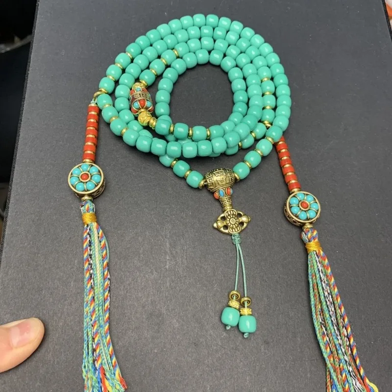 High Porcelain Turquoise 108 Mala Beads Tibetan Prayer Necklace, Nepal Tassel Side Pendant Unisex National Trend Sweater