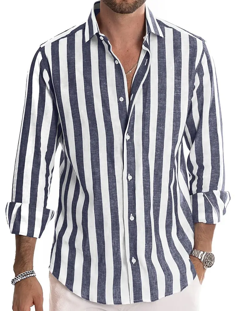 

Men's Casual Shirt, Summer Daily Long Sleeve Shirt, Striped Lapels, Everyday Resortwear, Stylish and Comfortable, 6XL