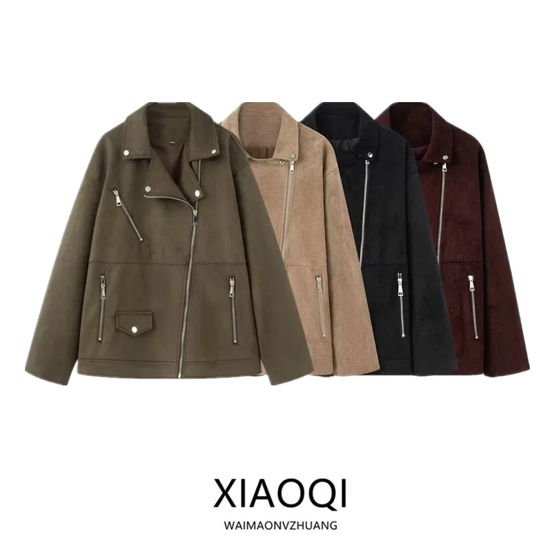 

Women's Velvet Biker Jaet Collar up Outerwear Autumn Winter Faion Casual Warm Zipper Long Sve Coat Sli Versatile