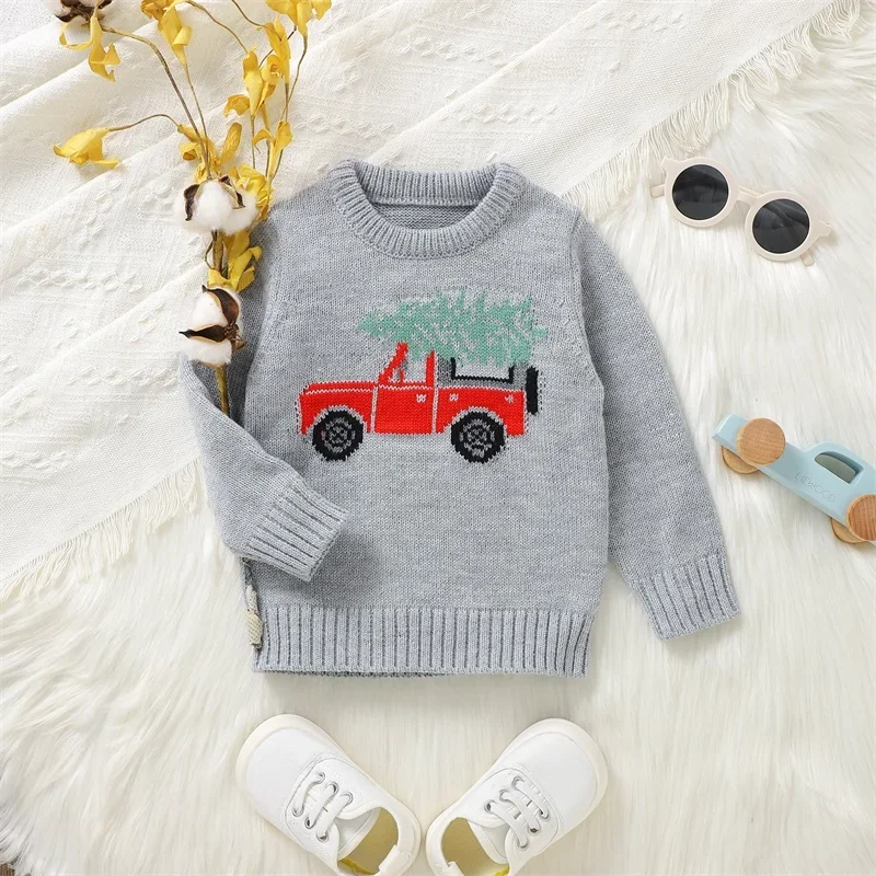 Baby Weihnachts pullover Langarm Rundhals ausschnitt Red Truck Print Strick pullover Tops Kleinkind Sweatshirts