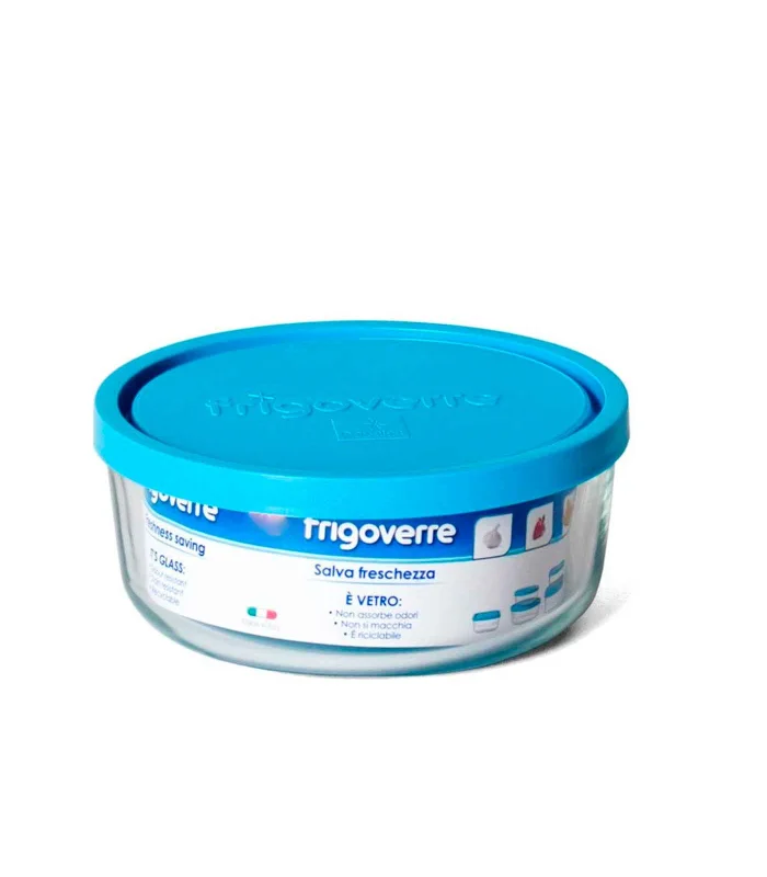 Tradineur-round glass box, with a 23 cm diameter and 9 cm high plastic lid, with a blue lid. P container