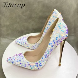 Tikicup Bling Sequins Women White Pointy Toe High Heel Shoes for Wedding Party Sparkle Celebrity  Stiletto Pumps 8cm 10cm 12cm