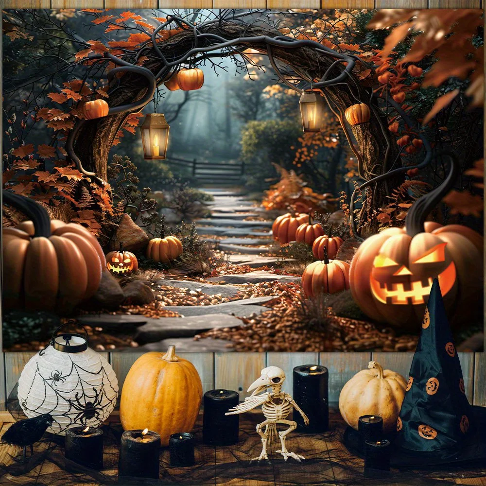 Halloween photography background, autumn maple forest horror pumpkin pattern, eerie banner decoration