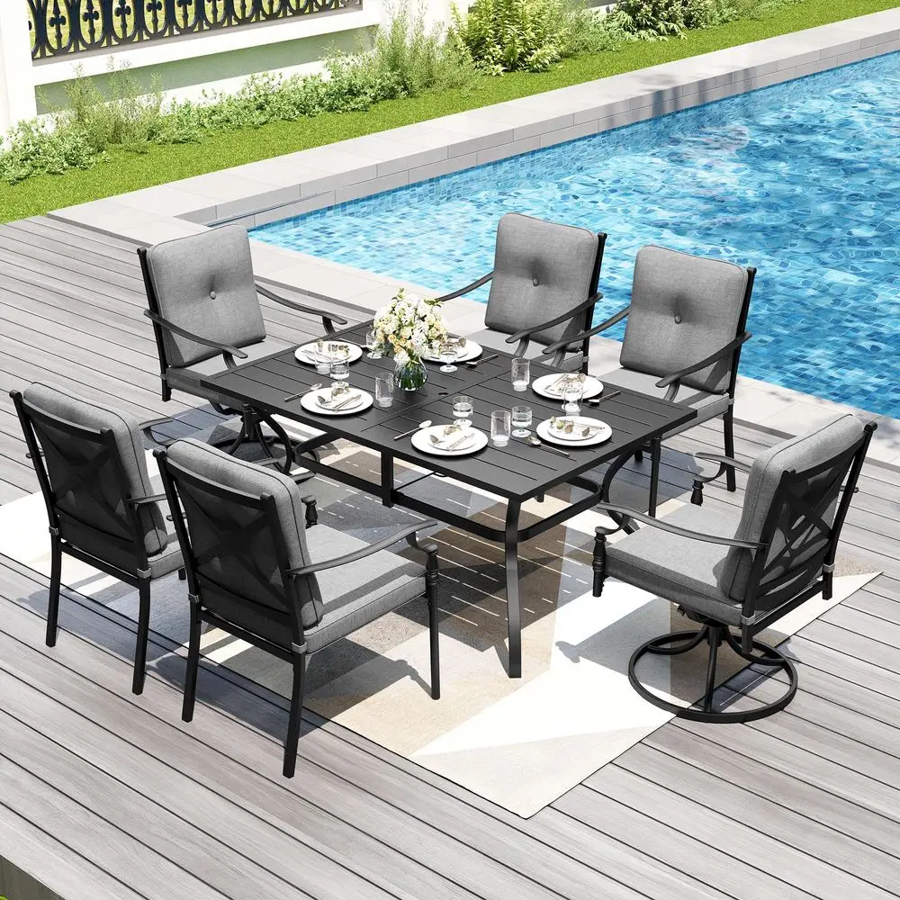 

7 Pieces Outdoor Dining Set for 6, Rectangular Black Steel Dining Table with Fixed and Swivel Iron Chairs, Large Dining Furnitu