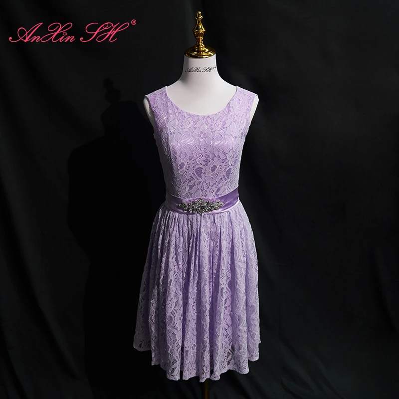 

AnXin SH princess purple flower lace o neck sleeveless beading crystal zipper party short Bridesmaid Dresses little white dress