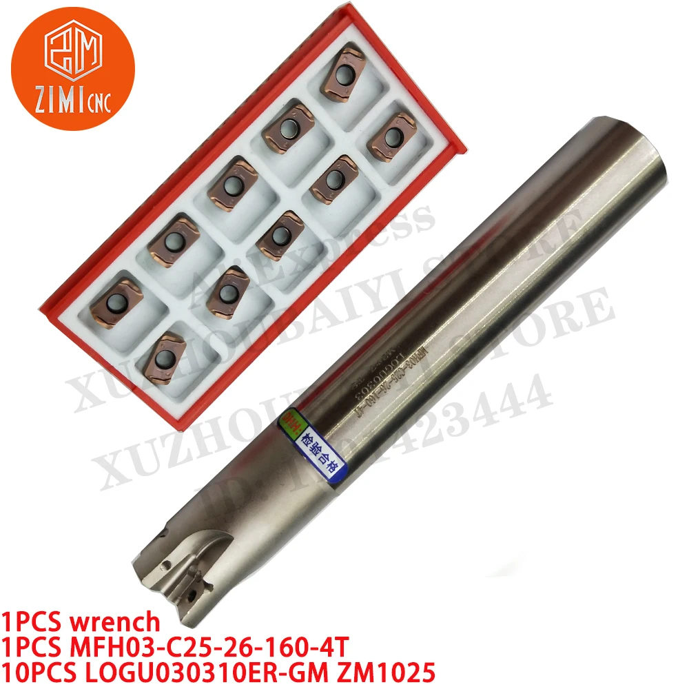 1PC MFH03-C25-26-160-4T Milling tool holder + 10PC LOGU030310ER-GM ZM1025 Milling insert metal lathe Carbide Insert cutting tool