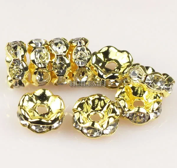 50pcs/lot 4 6 8 10mm Gold-color Crystal Rhinestone Wavy Rondelle Loose Spacer Beads for DIY Jewelry Making Findings Accessories