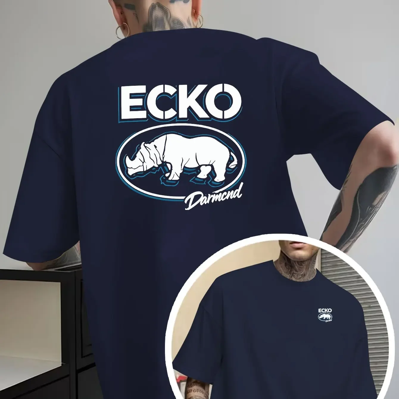 Men Ecko Oversize Drop Shoulder Dual Side Print Rhino Tshirt Tiny Front Logo Big Back Graphic Loose Casual Street Short Sleeve