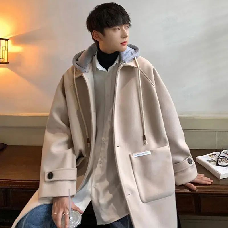 

Men's Loose Fit Hooded Woolen Coat Japanese Trendy Style Medium Long Length Youthful Popular Warm Outerwear