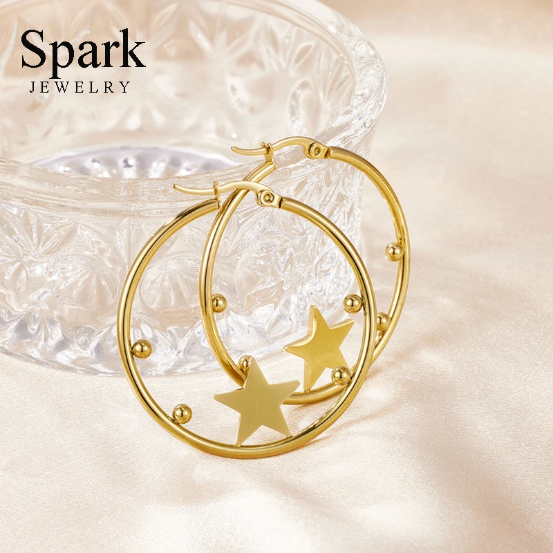 

Spark Fashion Simple Star Beaded Heart Stainless Steel Gold Color Hoop Earrings for Women Minimalist Charm Party Jewelry Gift