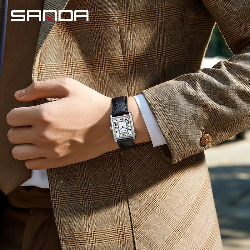 SANDA пара часов 30 м водонепроницаемые повседневные Модные женские и мужские кварцевые часы износостойкие кожаный ремешок квадратный циферблат дизайн Reloj