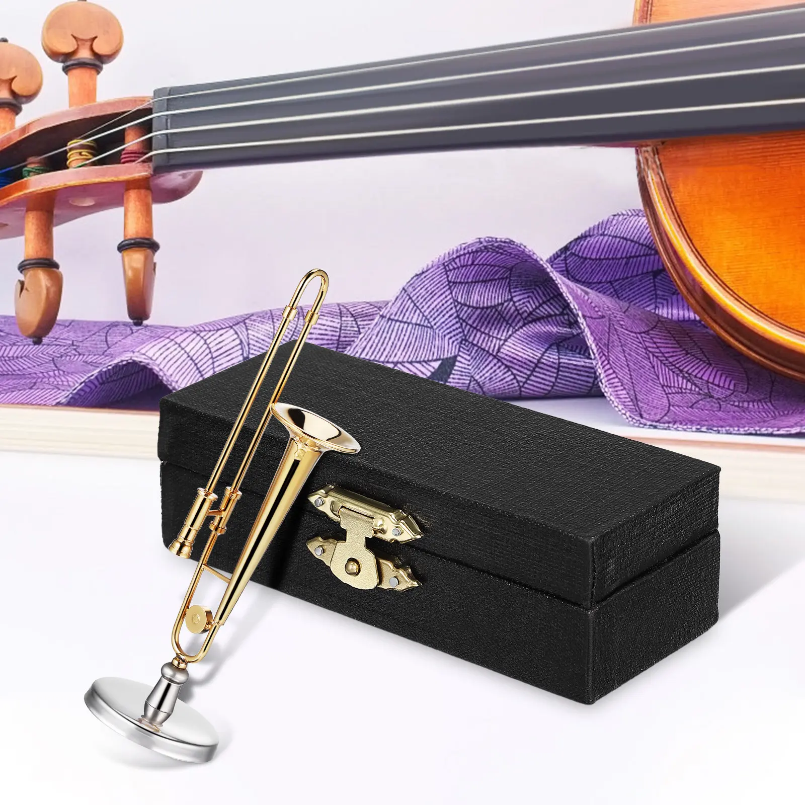 Miniature Trombone Copper Mini Trombone Desktop Decor Display Stand Storage Case Musical Instrument Ornament Dollhouse
