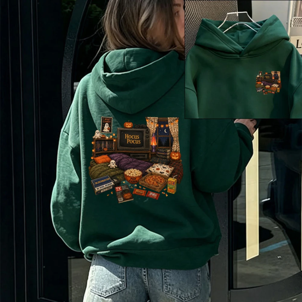 Retro Halloween Movie Night Hoodie Spooky Ghost Pumpkin Cozy Bedroom Snack Pizza Popcorn Pullover Sweatshirt Casual Streetwear