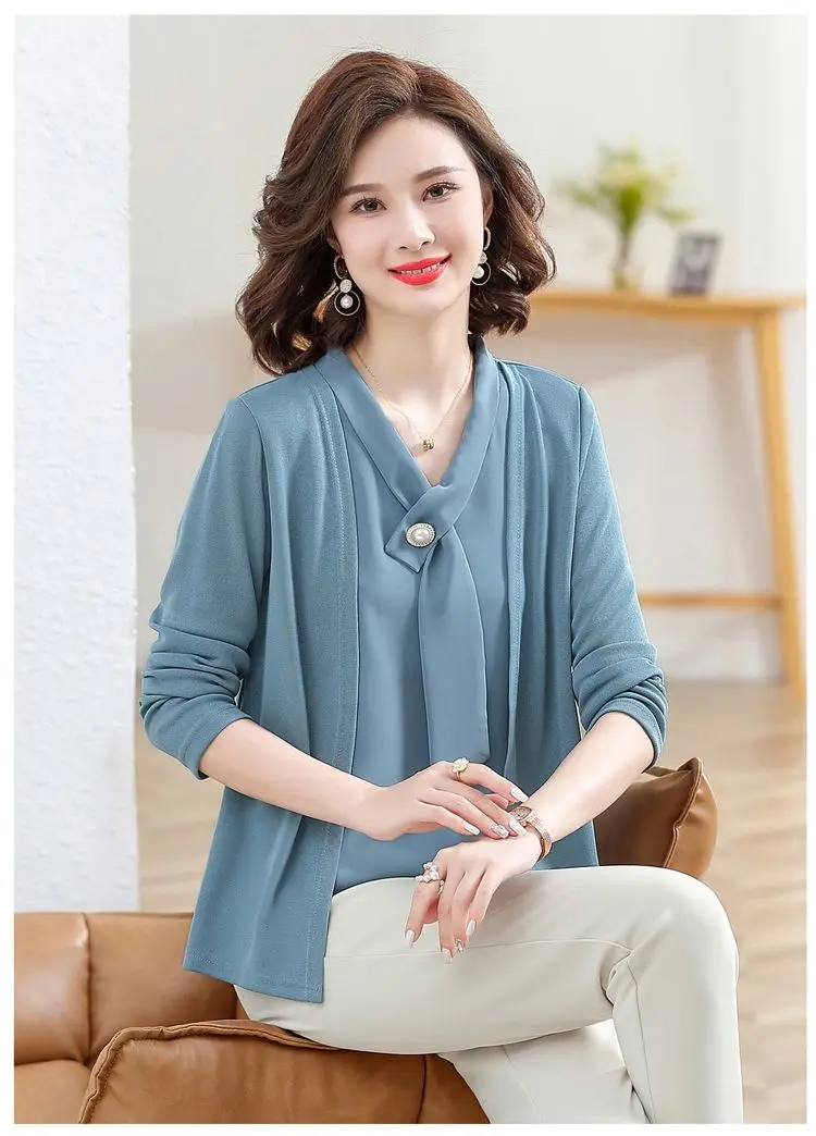 New Mom Long Sleeved Shirt Middle-aged and Elderly Women\'s Clothing Western-style Knitted Base Shirt T-shirt