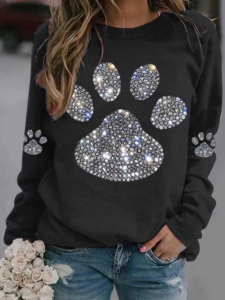 

Women‘s Fashion round neck sweatshirt shiny dog ​​paw print pullover top autumn winter long sleeve cute casual street sweatshirt