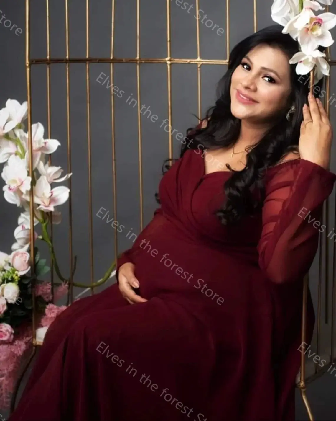 Bugundy A Line Maternity Robes V Neck Long Sleeves Tiered Photoshoot Dresses Sexy Floor Length Pregnant Women Party Gowns